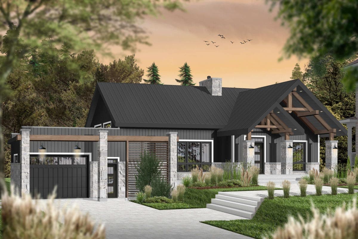 Modern ranch house plan exterior with dark metal roof, stone accents, exposed beams, and attached garage.