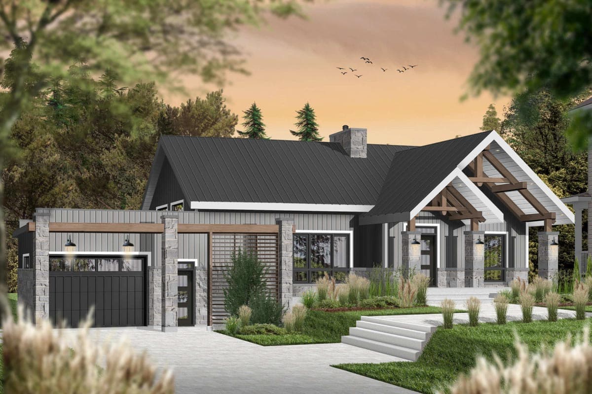 Modern house plan exterior with gable roof, stone accents, covered porch with exposed beams, and attached garage.