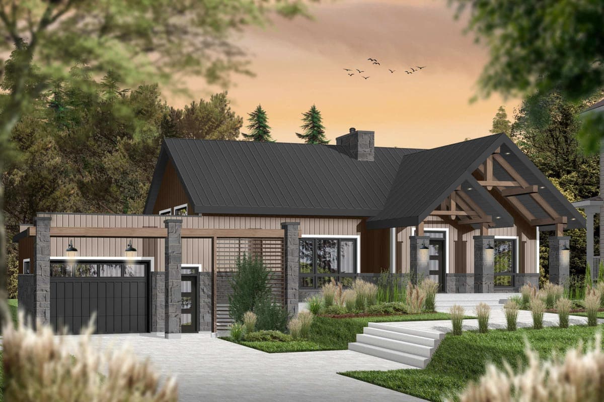 Modern house plan exterior with a dark metal roof, exposed wooden beams on the entry porch, stone accents, and a detached garage.