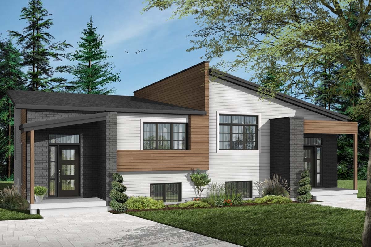 Modern house plan exterior with asymmetrical rooflines, mixed materials including brick and wood siding, and two prominent entrances.