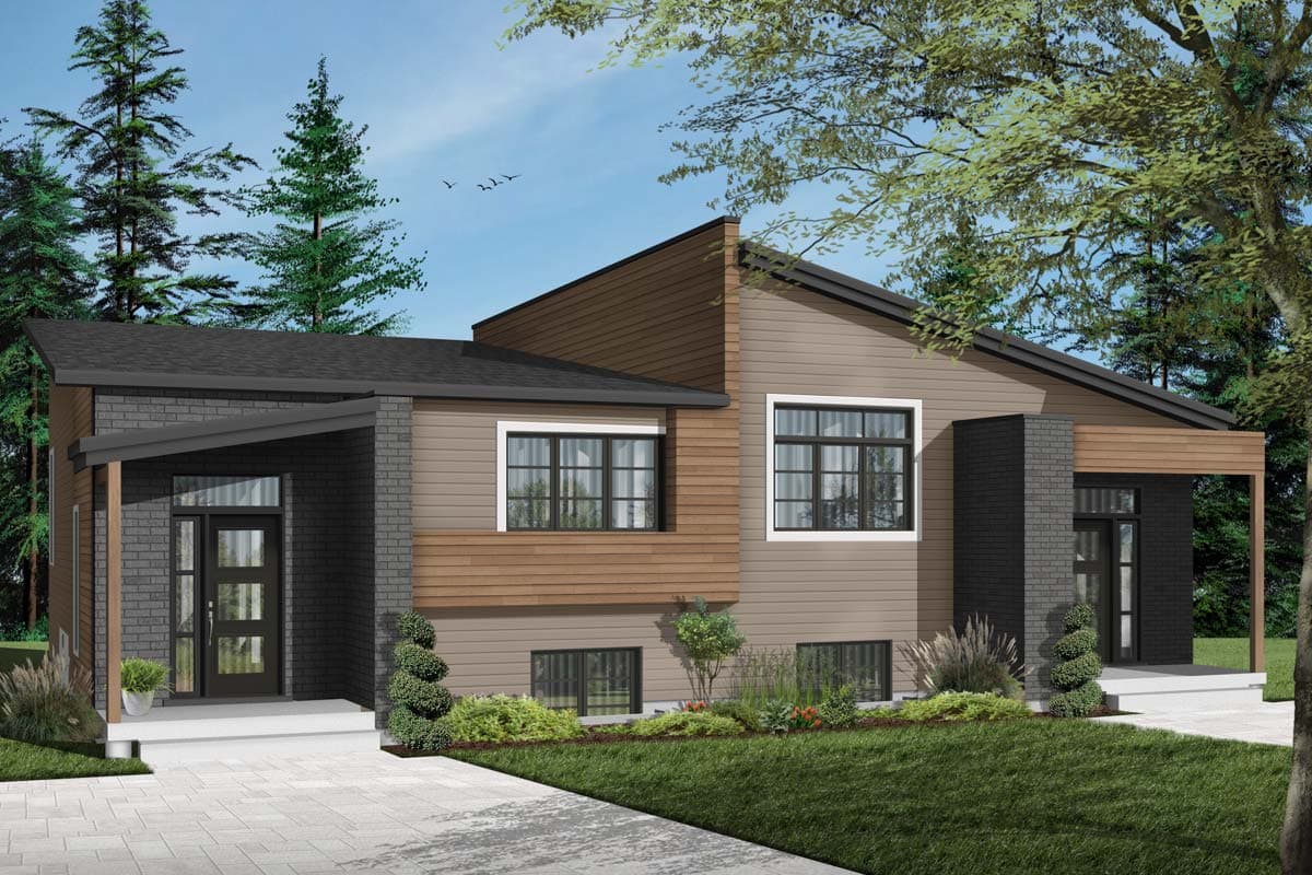 Modern house plan exterior with two stories, asymmetrical rooflines, horizontal siding, and brick accents.