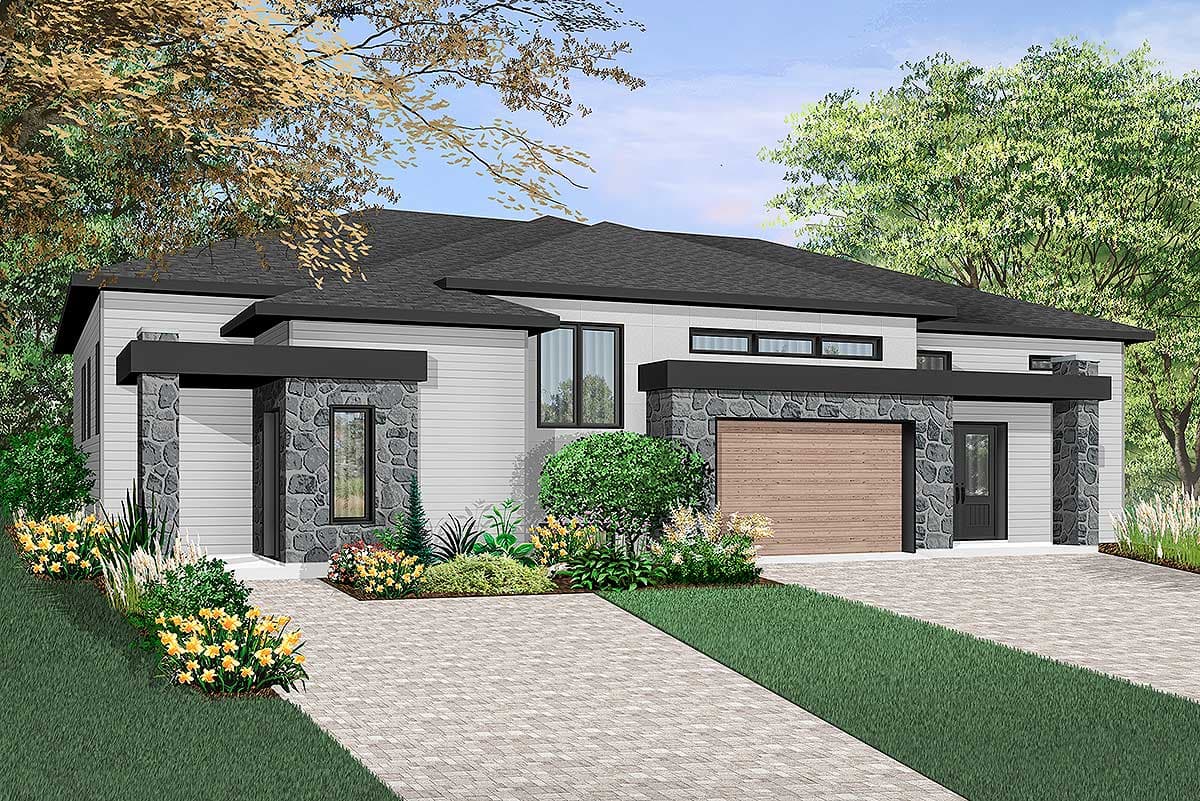 House plan exterior with modern design. Features include a single-story structure, a flat roof, stone accents on pillars, and a wood garage door.