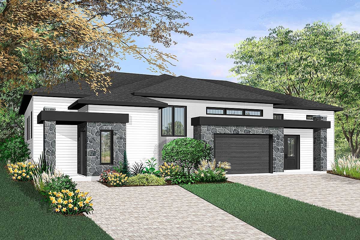 Modern house plan exterior with stone accents, covered entry, and integrated garage.