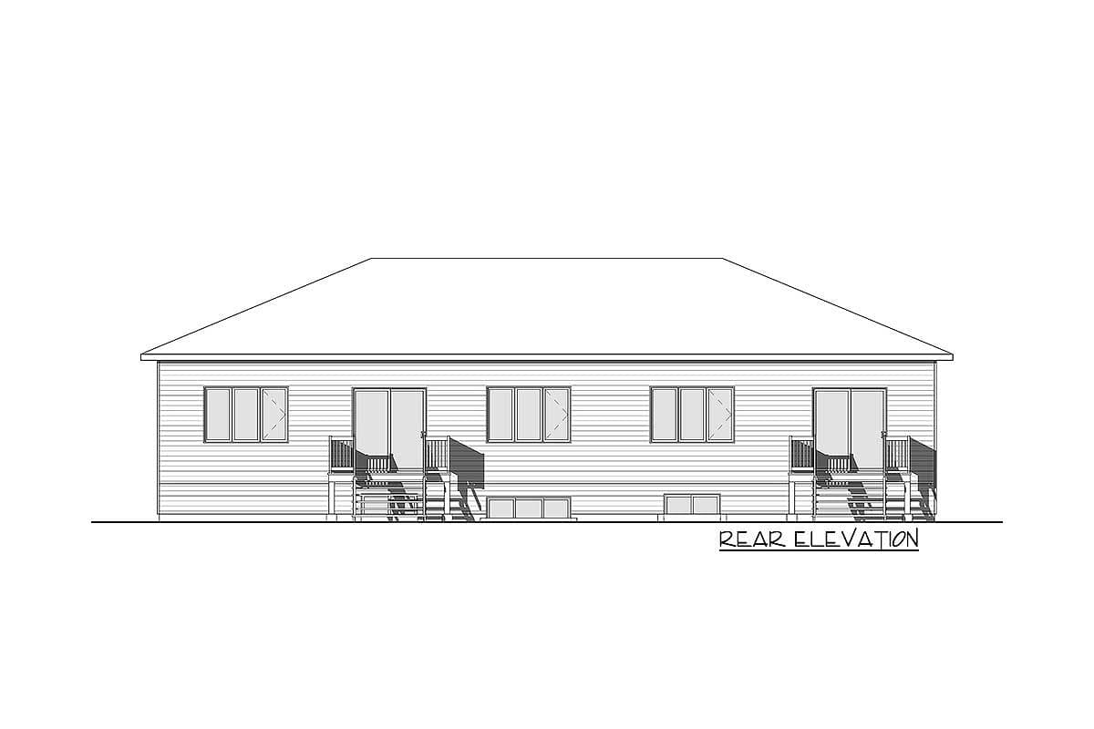 Rear elevation house plan showing a single-story building with a hip roof, multiple windows, and two deck areas with stairs.