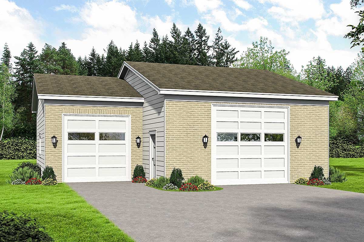 House plan exterior: Two-car garage with a single-car garage, brick facade, horizontal siding, and paneled garage doors.
