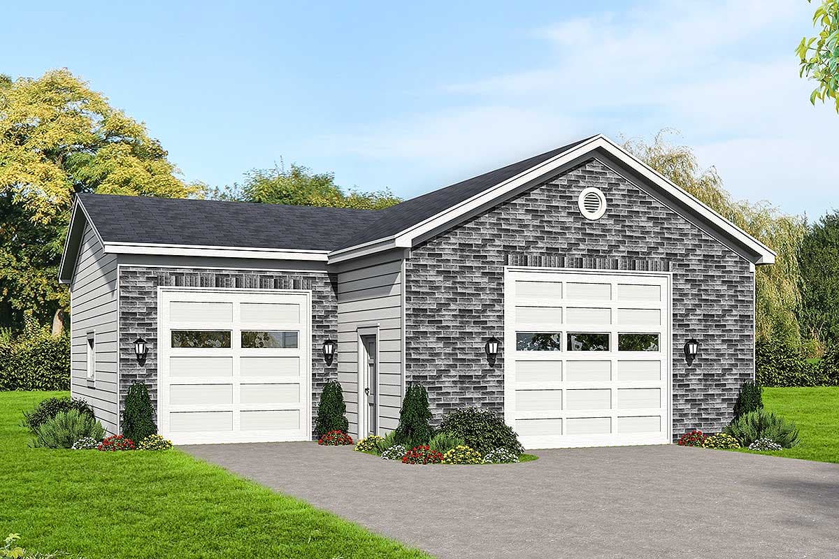 House plan exterior: Two-car garage with a gable roof, brick siding, and two paneled garage doors with windows.