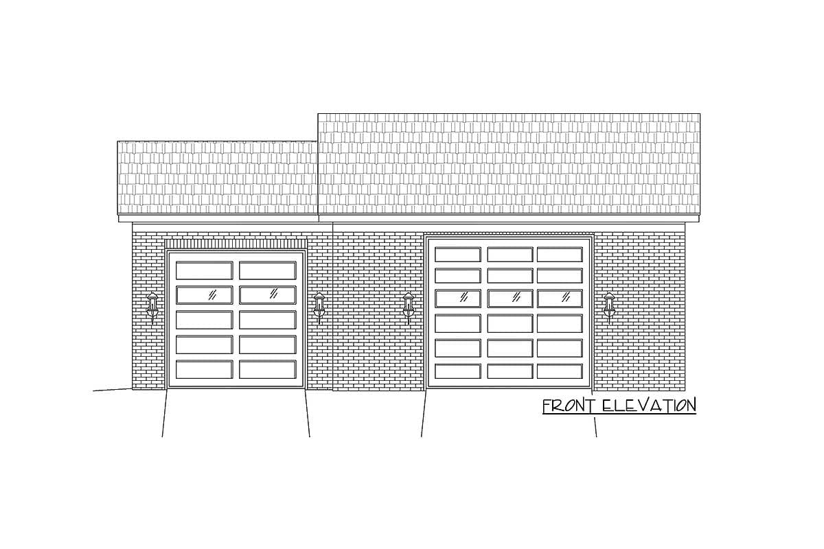 Front elevation drawing of a brick garage with two overhead doors and decorative lighting fixtures.
