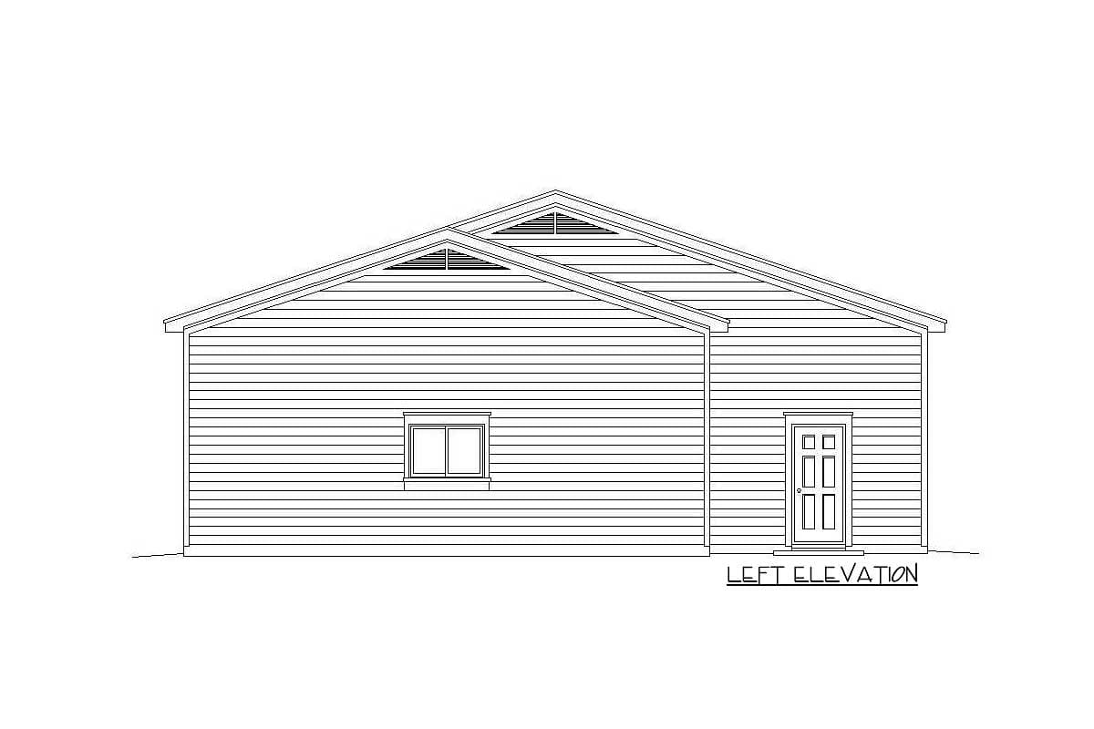 Left elevation house plan drawing shows a single-story structure with horizontal siding, a gable roof, a small window, and a front door.