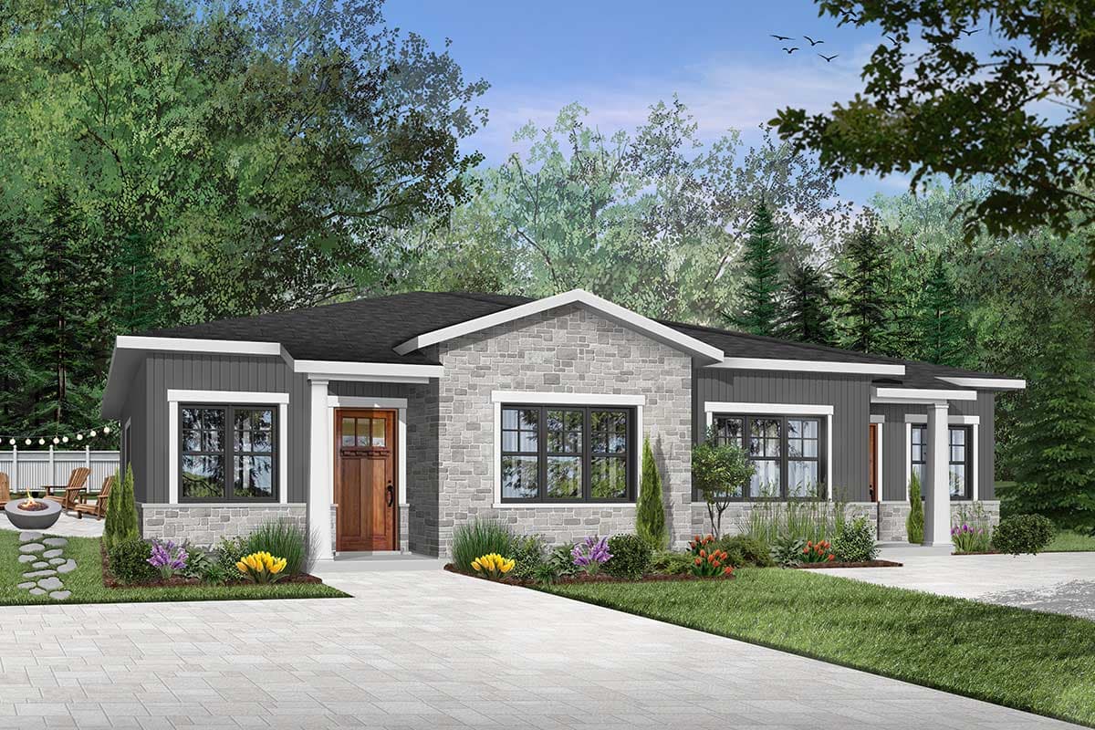 House plan exterior. Single-story design with stone and siding facade, covered entry, and flat roof. Features include large windows and gabled accent.