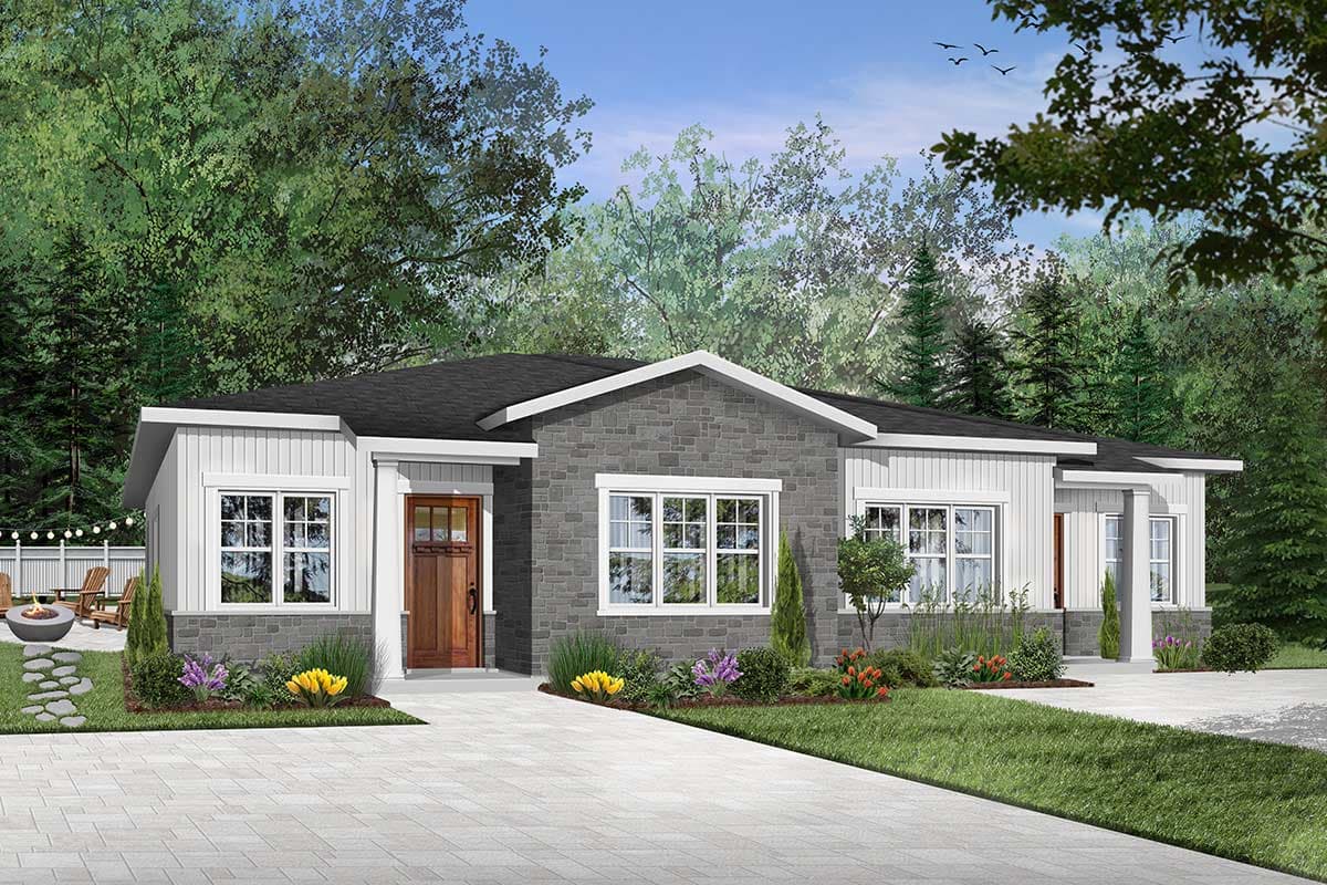 Ranch house plan exterior with stone siding, white vertical siding, prominent gables, and a central wood door.