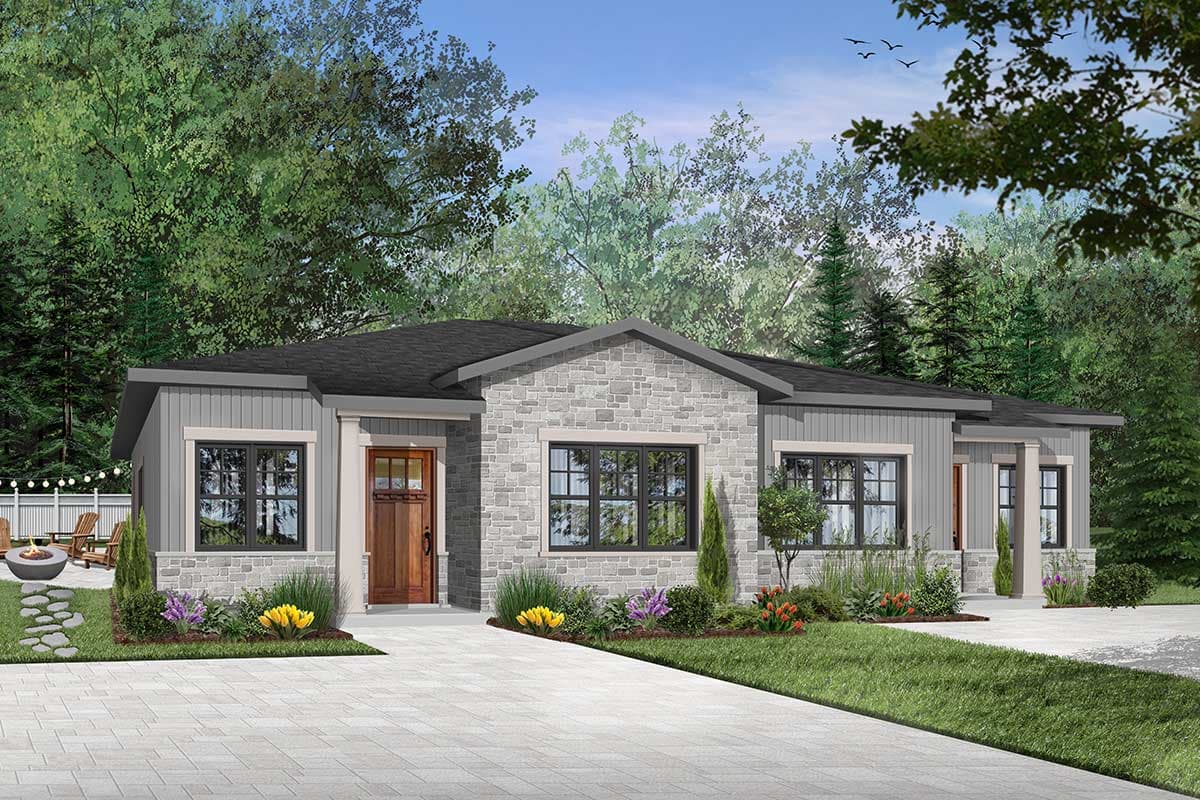 House plan exterior: Modern Ranch style, one story, with stone and vertical siding, prominent gables, and covered entry.