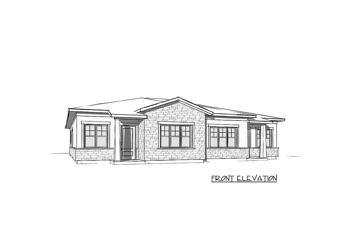 Front elevation house plan. Single-story with stone facade, covered porch entry, and multiple windows.
