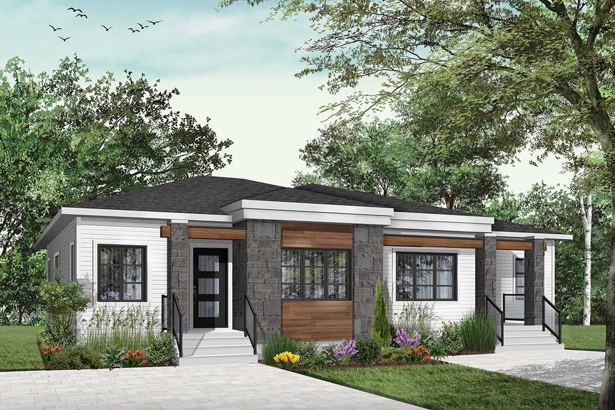 House plan exterior, single story, modern style with stone and wood accents, dark-framed windows, and covered entry.