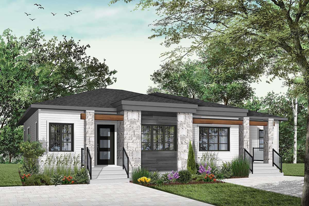 Modern single-story house plan exterior with stone accents, covered entryways, and horizontal siding.