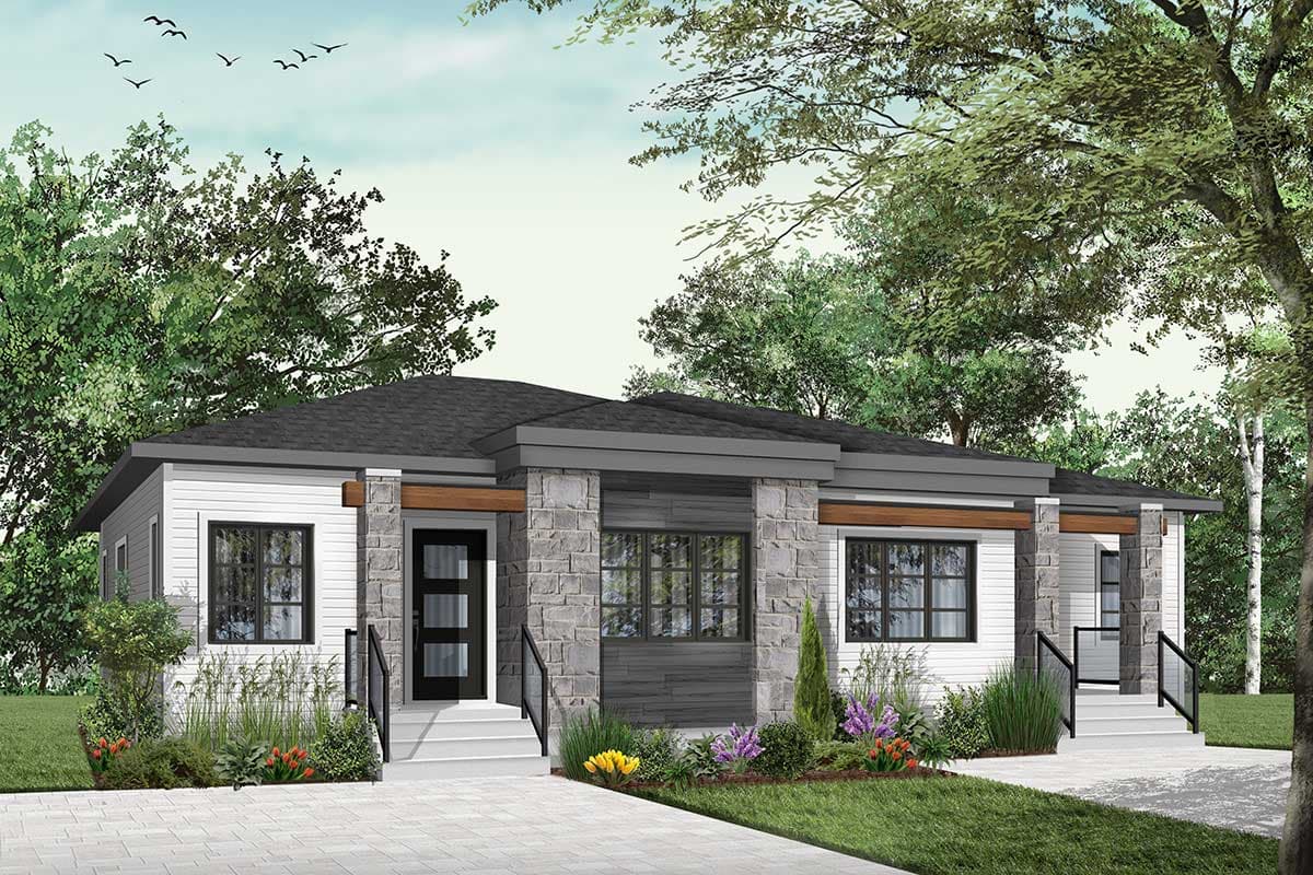House plan exterior: Modern single-story dwelling with stone accents, wide eaves, and covered entryways.