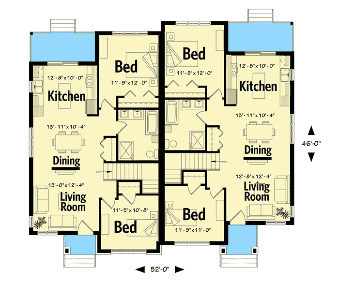 Plan 22485DR: Two Family House Plan with Slightly Offset Units - Floor Plan - Main Level