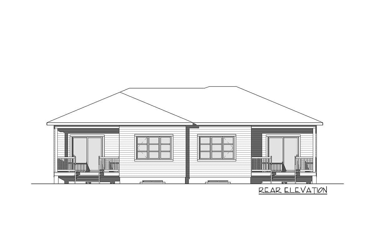 Rear elevation house plan drawing shows a one-story duplex with a low-pitched hip roof, double sliding doors, and small porches.
