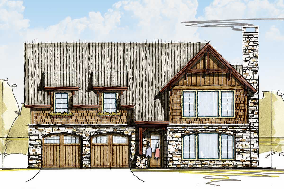 House plan exterior with stone and shingle siding, two-car garage, and a gabled roof. Features include dormers and a stone chimney.