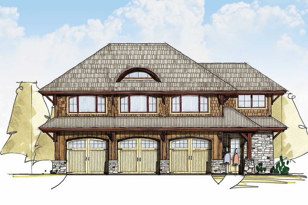 House plan exterior with Craftsman style. Features include gabled roof, arched garage door openings, and stone facade accents.