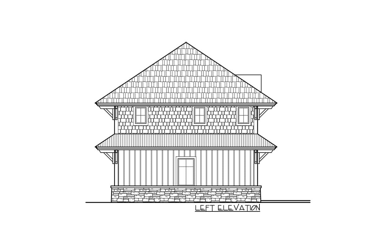 Left elevation house plan showing a two-story structure with stone base, vertical siding, shingle siding, and a prominent gable roof.