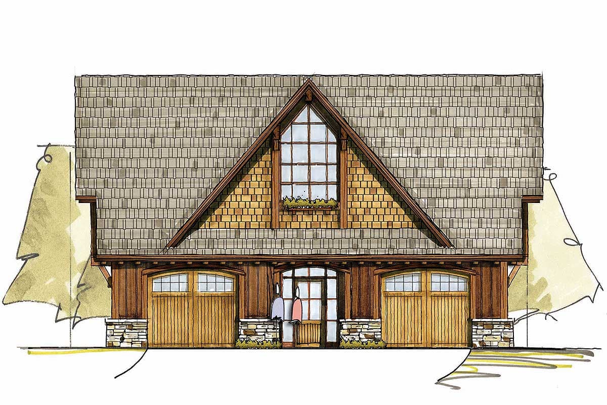 House plan exterior with Craftsman style, two-car garage, prominent gabled dormer, and shake shingle roof.
