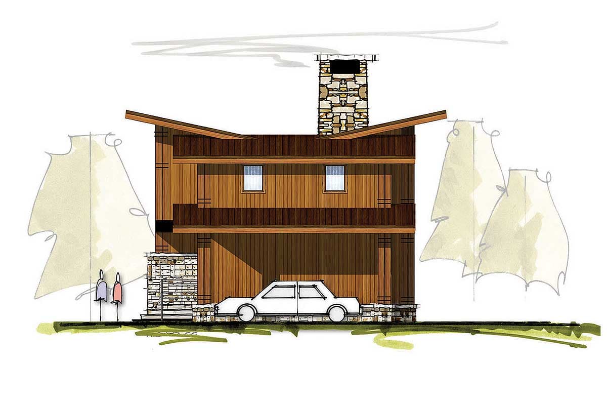 House plan exterior, two stories, wood siding, stone chimney, and covered parking.