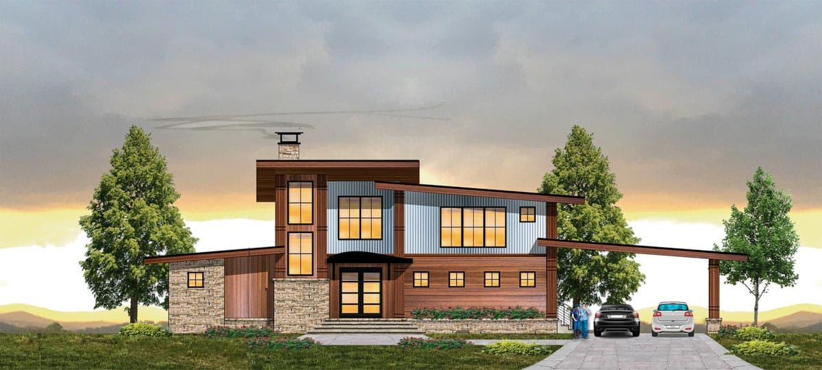 House plan exterior. Modern style, two stories. Features include a carport, mixed material facade, and a flat roof with an offset gable.