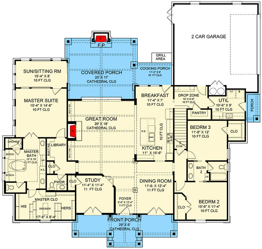 Plan 54021LK: Country Craftsman with Sunroom off Master Bedroom - Floor Plan - Main Level - Country, Craftsman, Farmhouse