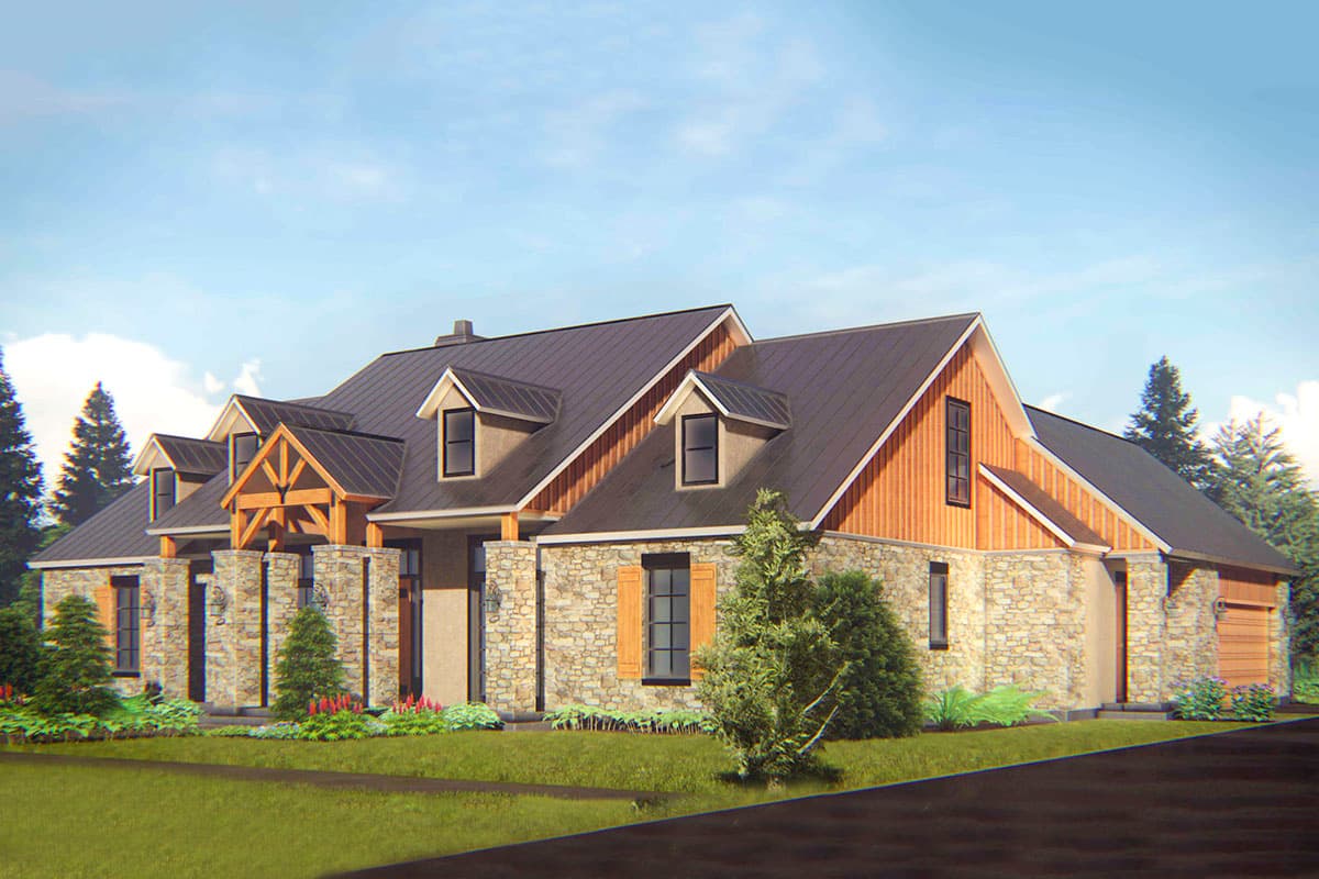 House plan exterior with stone veneer, wood accents, and multiple dormers. Features include a front entry with timber frame and gabled rooflines.
