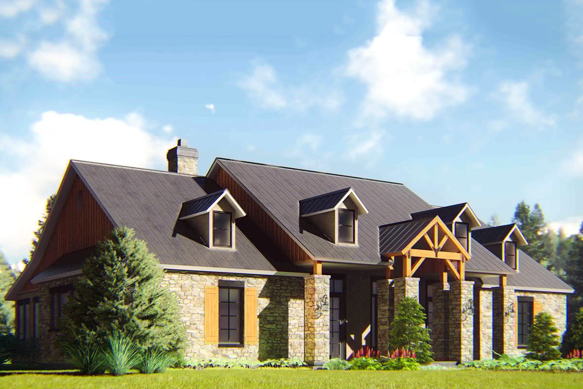 House plan exterior: Stone facade, metal roof, dormers, gables, and covered porch with timber supports.