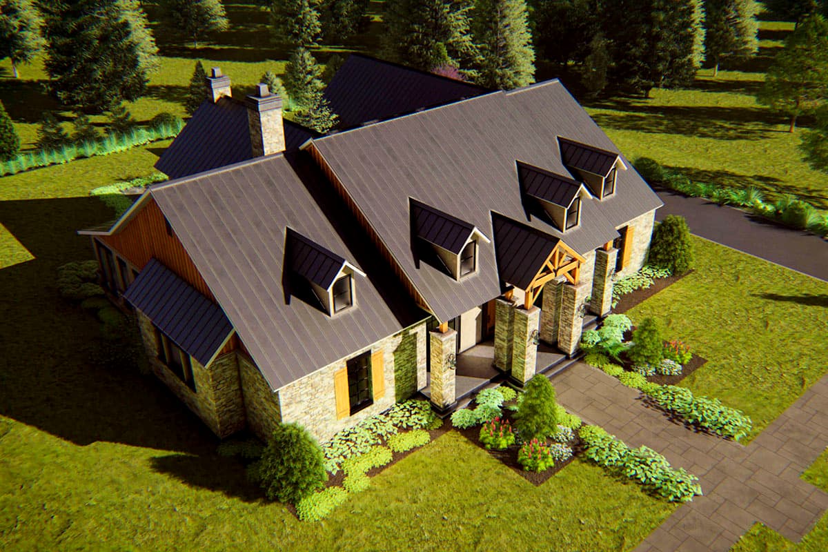 House plan exterior featuring stone siding, metal roof with dormers, and a covered entry with stone columns and exposed beams.