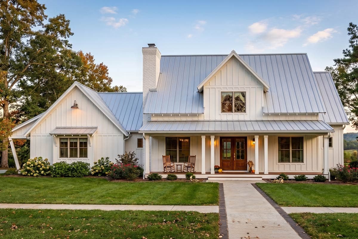 Modern farmhouse exterior with metal roof, gables, board and batten siding, and covered porch.