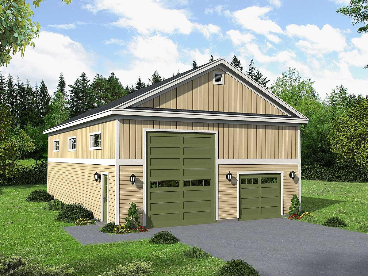 House plan exterior with two-story detached garage. Features include a gable roof, vertical siding, and two overhead garage doors.