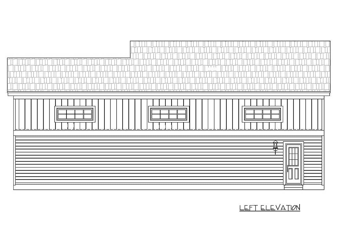 Left elevation drawing of a house plan with horizontal siding, three horizontal windows, and a single door.