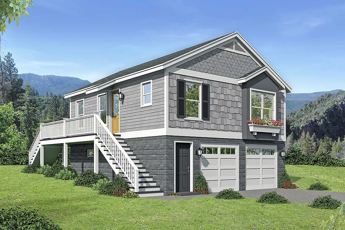 House plan exterior. Two-story with a gable roof, shake siding, deck, and attached garage. Includes a front entry with exterior stairs.