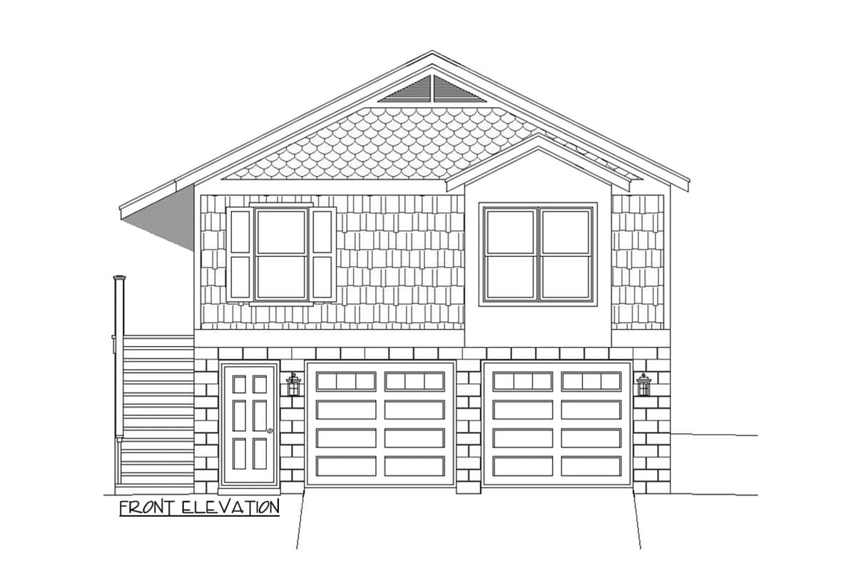 Front elevation drawing of a two-story house plan with two garage doors, a covered entry, and shingle and brick exterior siding.