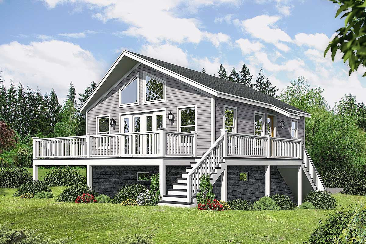 House plan exterior of a two-story Modern Farmhouse with a large wraparound deck, prominent gable with triangular window, and a raised foundation.