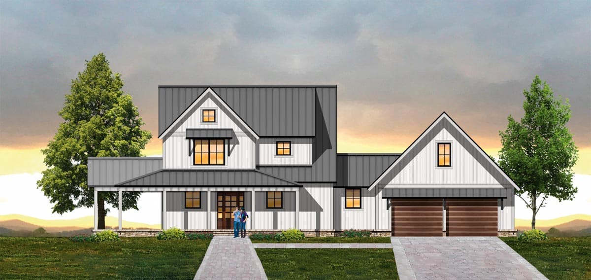House plan exterior. Two-story Modern Farmhouse with a gabled roof, covered porch, and attached garage with a gable roofline.