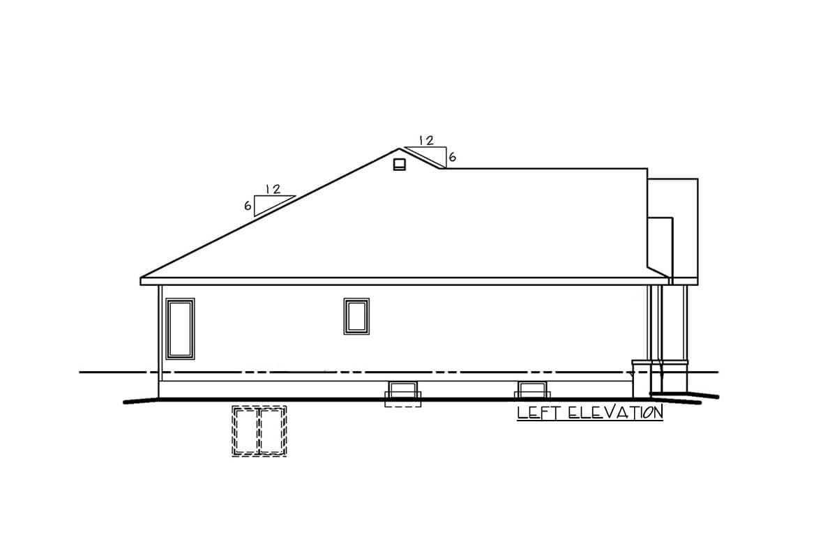 Left elevation drawing of a house plan showing a sloped roof with pitch callouts, two windows, and a foundation.