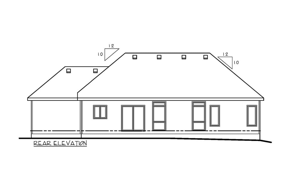 Rear elevation drawing of a single-story house with hip roof, covered patio, and various window types.