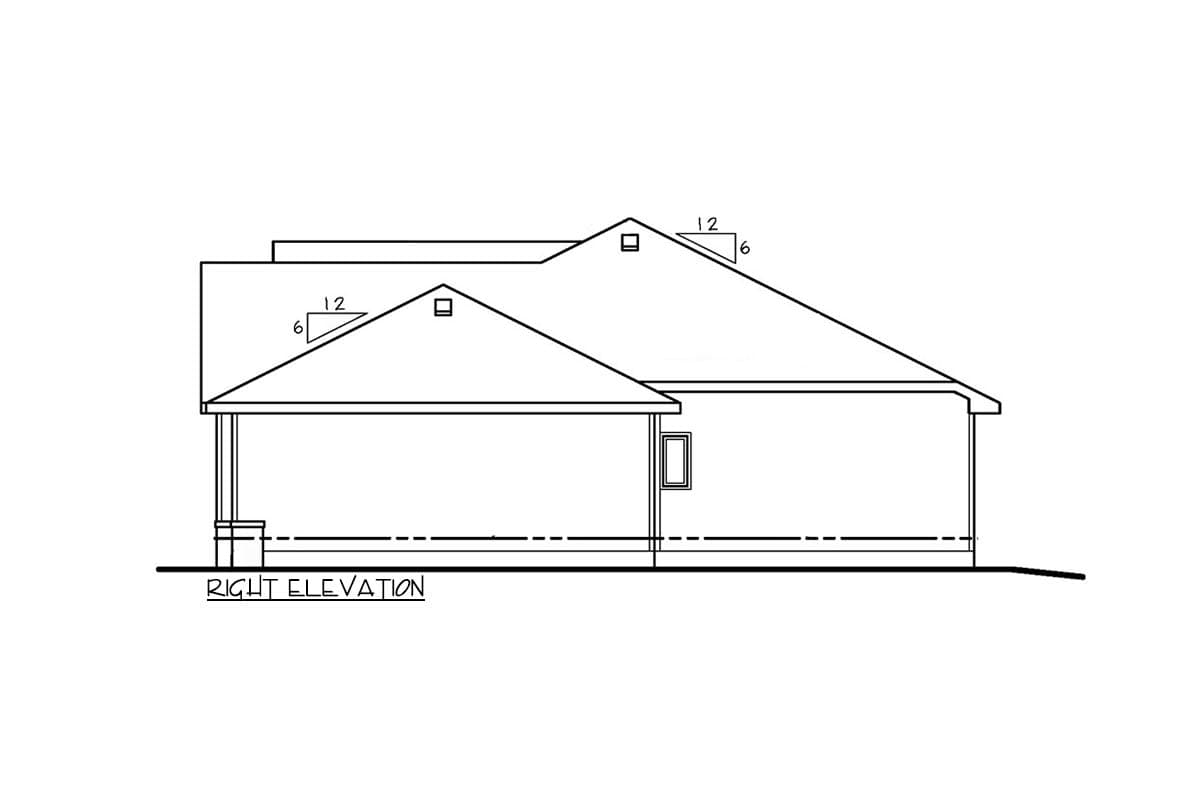 Right elevation drawing of a house plan with a covered porch and varied roof pitches.