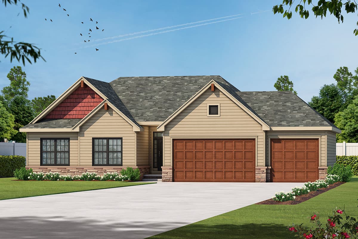 House plan exterior with Craftsman style, single story, and a gable roof. Features include a two-car garage, dormer, and brick facade details.