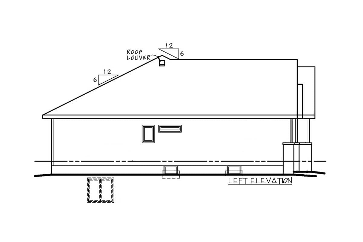 Left elevation drawing of a house plan showing roof louvers, a window, and a covered entry with columns.