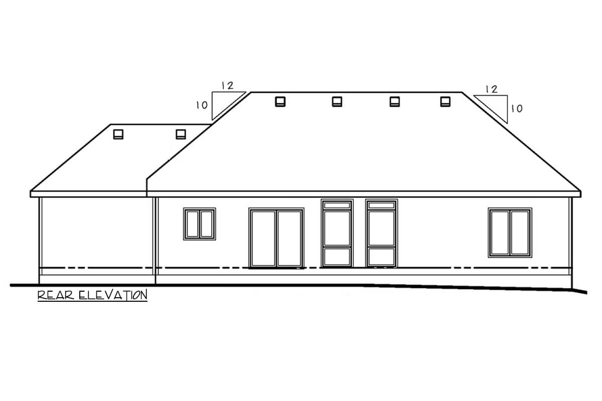Rear elevation drawing of a house plan showing a hipped roof with dormers and multiple windows.