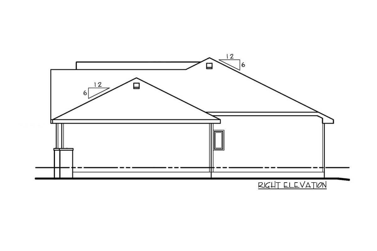 Right elevation of a house plan showing a covered porch, multiple roof planes with 6/12 and 12/12 slopes, and a small window.
