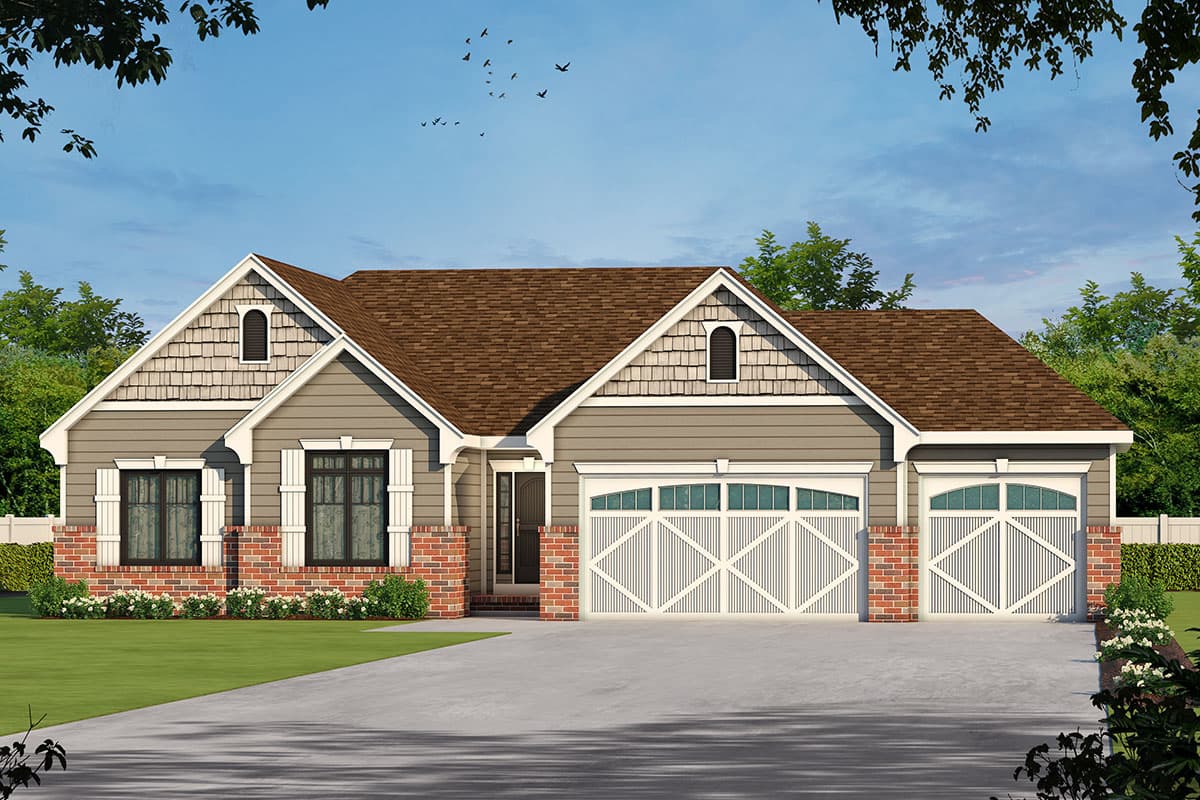 House plan exterior. Craftsman style, one-story home with gabled roof, dormers, and front-facing garage with carriage-style doors.