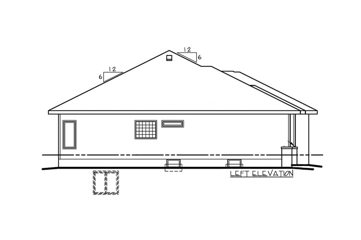 Left elevation drawing of a single-story house plan showing varied rooflines and window placement.