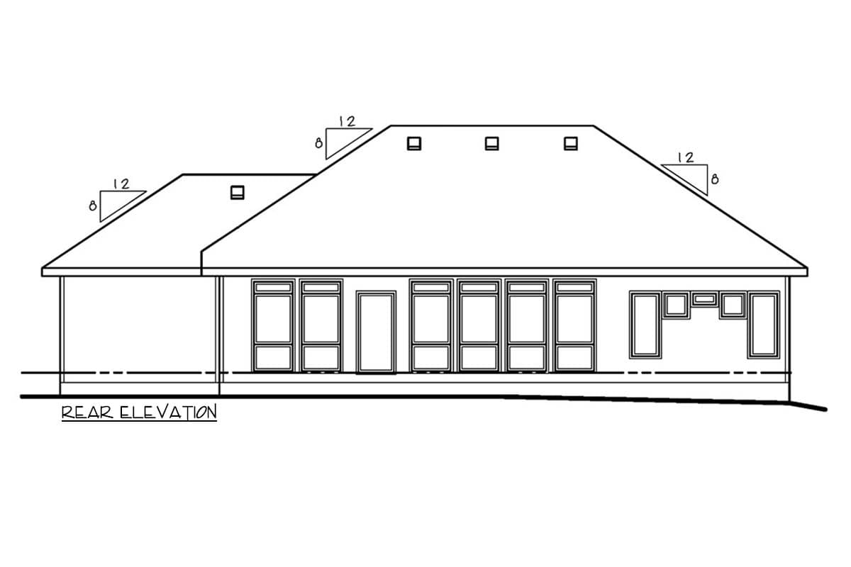 Rear elevation drawing of a house plan showing a covered porch, multiple windows, and sloped rooflines with 8/12 pitch.