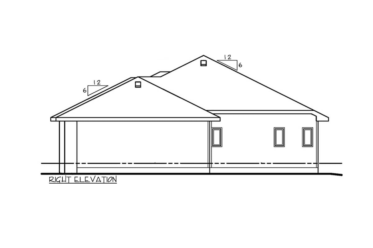 Right elevation drawing of a house plan with a covered porch and a gable roof with 6/12 and 12/12 pitch sections.