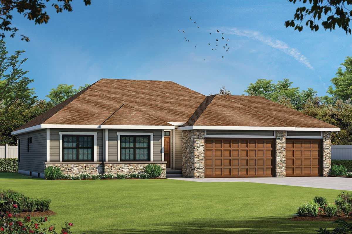 House plan exterior. Ranch style with stone accents. Features include a side-entry garage, gable roof, and paneled windows.
